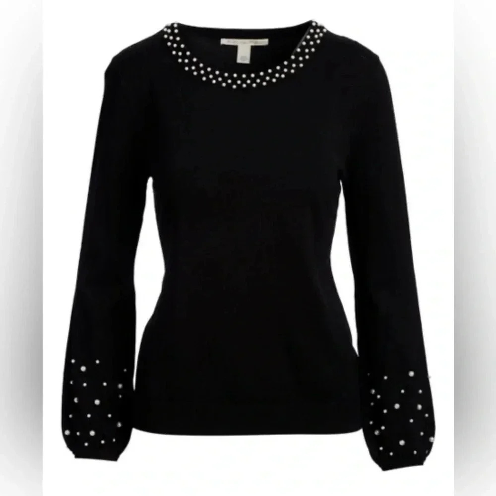 Emaline Black Embellished-Trim Sweater Sz M